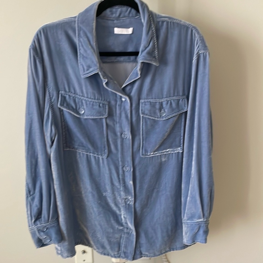SABLYN light blue velour button down shirt blouse top, size M